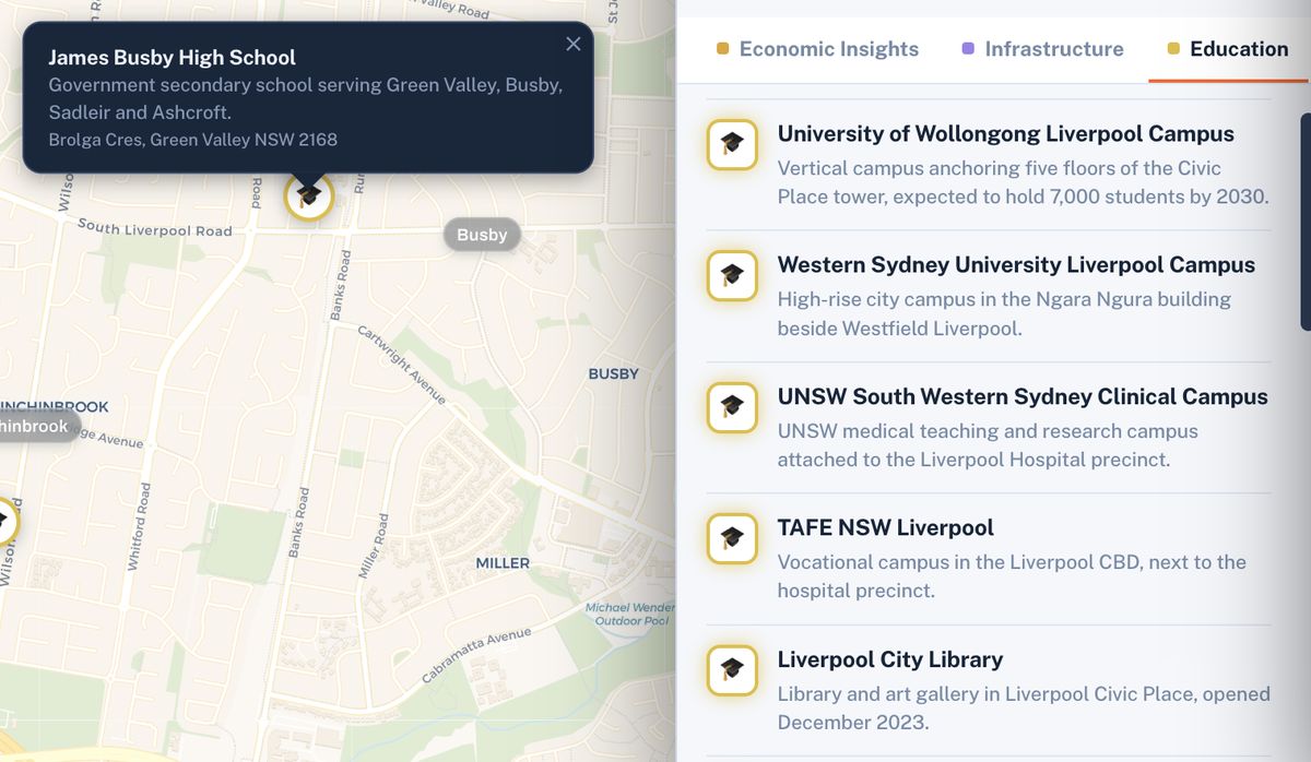 Education layer showing schools and university campuses
