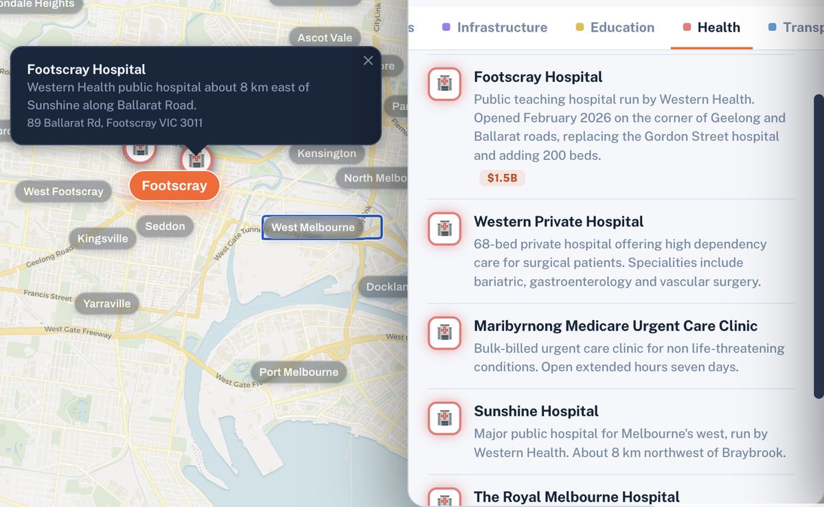 Health layer showing hospitals and medical centres