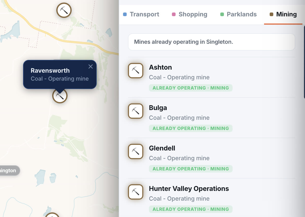 Mining layer shown on the Brixel map with the research panel listing operating mines