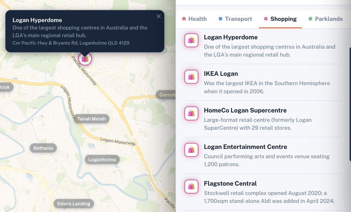 Shopping layer showing regional retail hubs