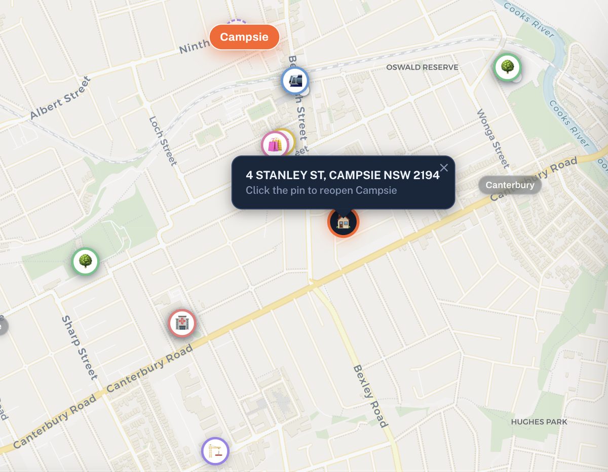 A property pin dropped on a Campsie street address with surrounding amenities