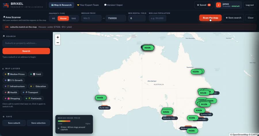 Area Scanner filtering the map of Australia by price and yield