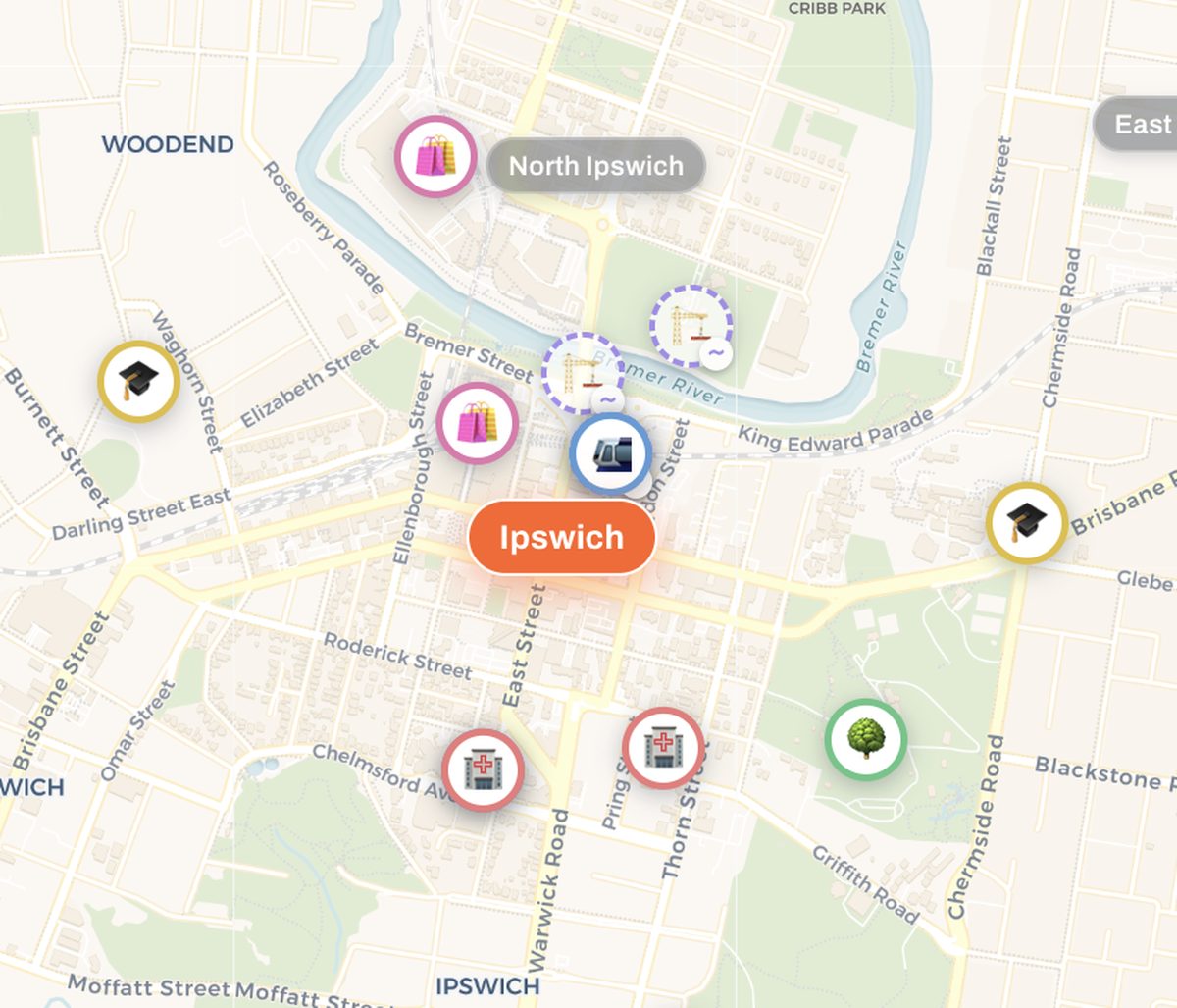 Brixel area search showing Ipswich with layer pins across the map